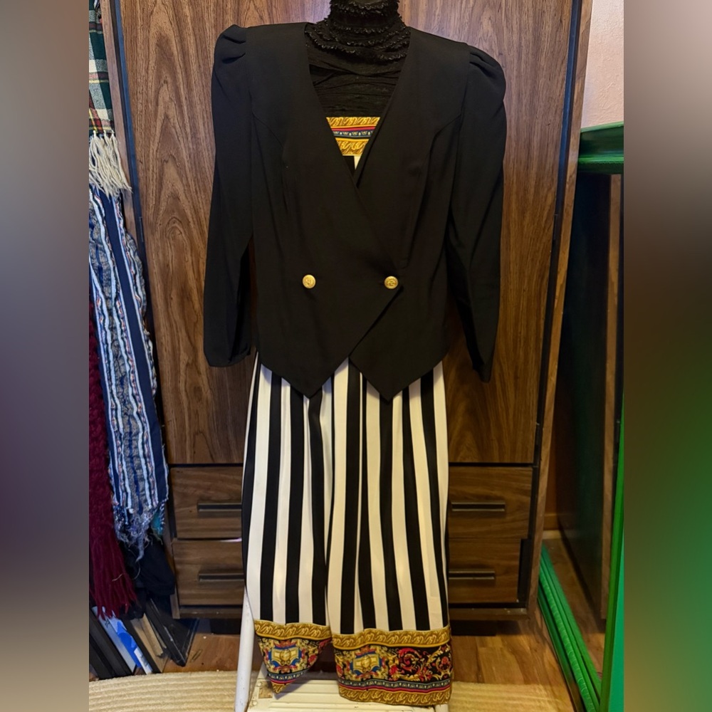 Vintage gaucho pant suit with cropped blazer and baroque print details